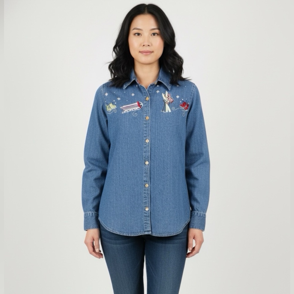 CJ Banks Blue Button Down Shirt with Embroidery
